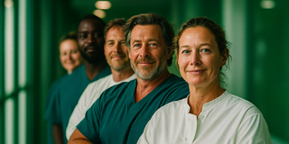Fünf medizinische Fachkräfte stehen in einem Flur. Sie lächeln und tragen verschiedene medizinische Kleidung in Blau und Weiß. Der Hintergrund ist grün und unscharf. Die Gruppe strahlt Professionalität und Teamgeist aus.
