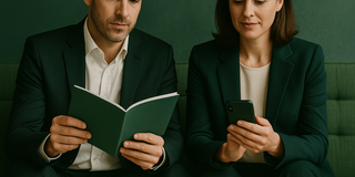 Ein Mann und eine Frau in formeller Kleidung sitzen auf einer grünen Couch. Der Mann liest ein Buch, während die Frau auf ihrem Smartphone schaut. Beide wirken konzentriert und beschäftigt.
