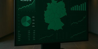 Ein großer Monitor zeigt grüne Diagramme und Statistiken, darunter ein aufsteigendes Liniendiagramm, ein Tortendiagramm und Daten zur Bevölkerung in Deutschland. Der Bildschirm hebt eine Zahl von 5,09 % hervor, die wichtige Informationen visuell darstellt.