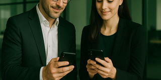Ein lächelnder Mann und eine Frau im Anzug schauen auf ihre Smartphones. Sie stehen nebeneinander in einem modernen Büro mit großen Fenstern im Hintergrund. Die Atmosphäre ist freundlich und professionell.