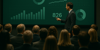Ein Mann in Anzug präsentiert vor einem Publikum. Im Hintergrund sind Grafiken und Zahlen angezeigt: ein Balkendiagramm, ein Kreisdiagramm mit 75%, eine Linie, die ansteigt, und die Zahl 5.432 sowie 826.